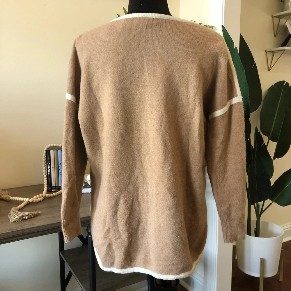 J. Crew 100% Wool Soft Tan Crew Neck Sweater with White Trim